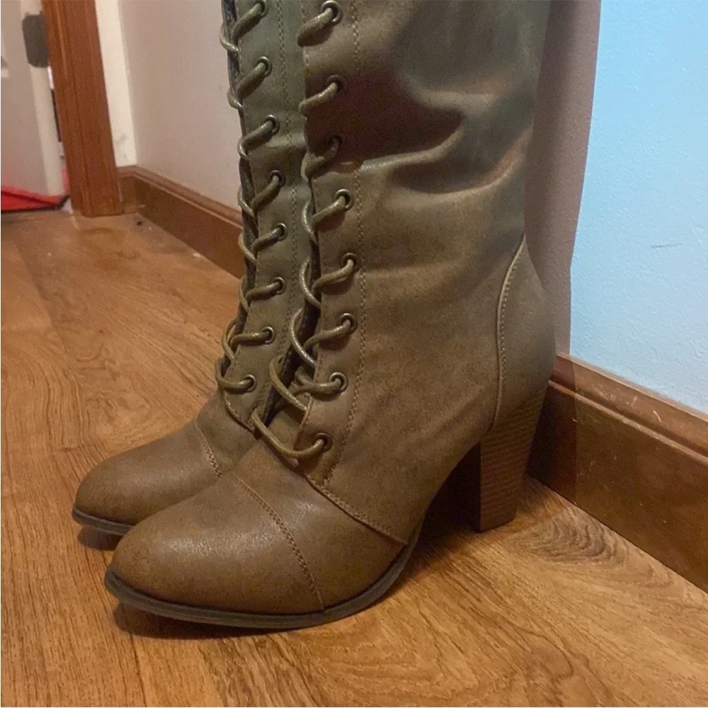 Brown lace up over the knee heeled boot winter fall boot high heeled boots